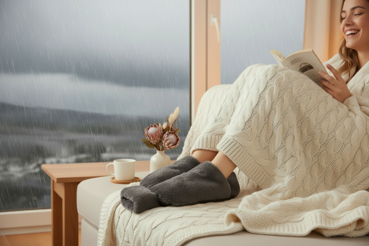 Woman reading with foot warmers on rainy day