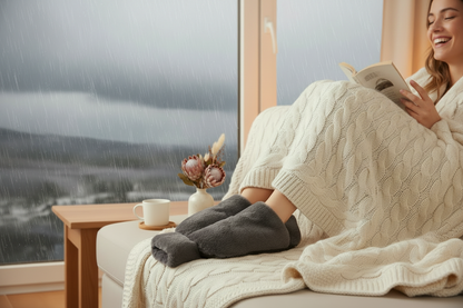 Woman reading with foot warmers on rainy day